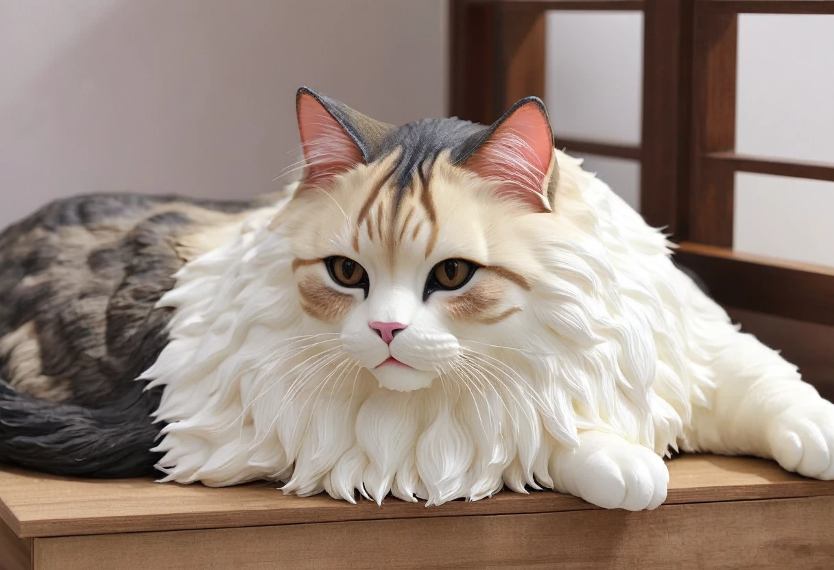 (Giant looking cat), (Diorama Doll), A composition of a giant cat lying down in a diorama。The cat is relaxed、The surrounding diorama looks like a cat's bed.。Warm light and soft colors、Creates a calm and soothing atmosphere。