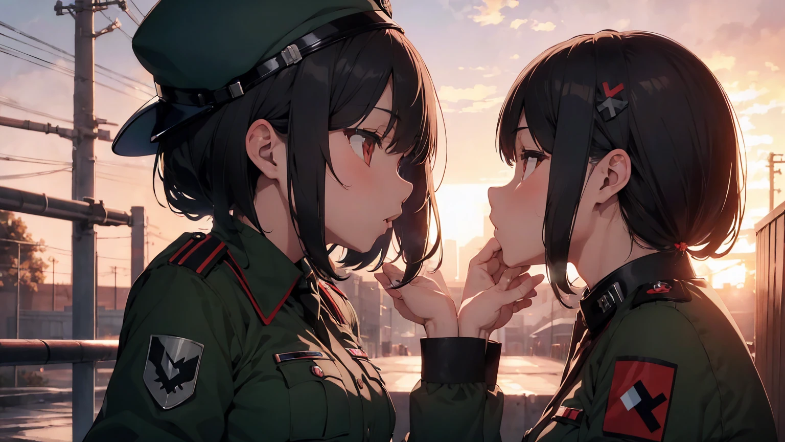 Gestapo uniform, female lesbian kawaii sisters kissing passionately with T-54 military tank. wearing Luftwaffe uniforms. 8k. masterpiece. best quality. best artwork. lingerie. Swastika insignia red armband. bare breasts. sunset