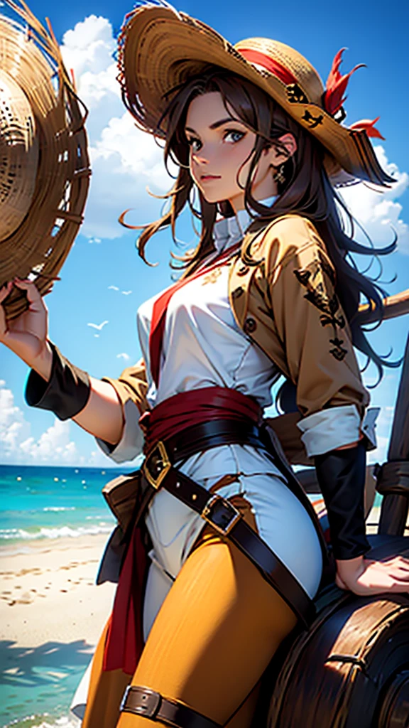 1 female, medium length brown hair, hazel eyes, wearing pirate outfit, at the helm of a pirate ship, wearing straw hat with red band, wearing straw hat