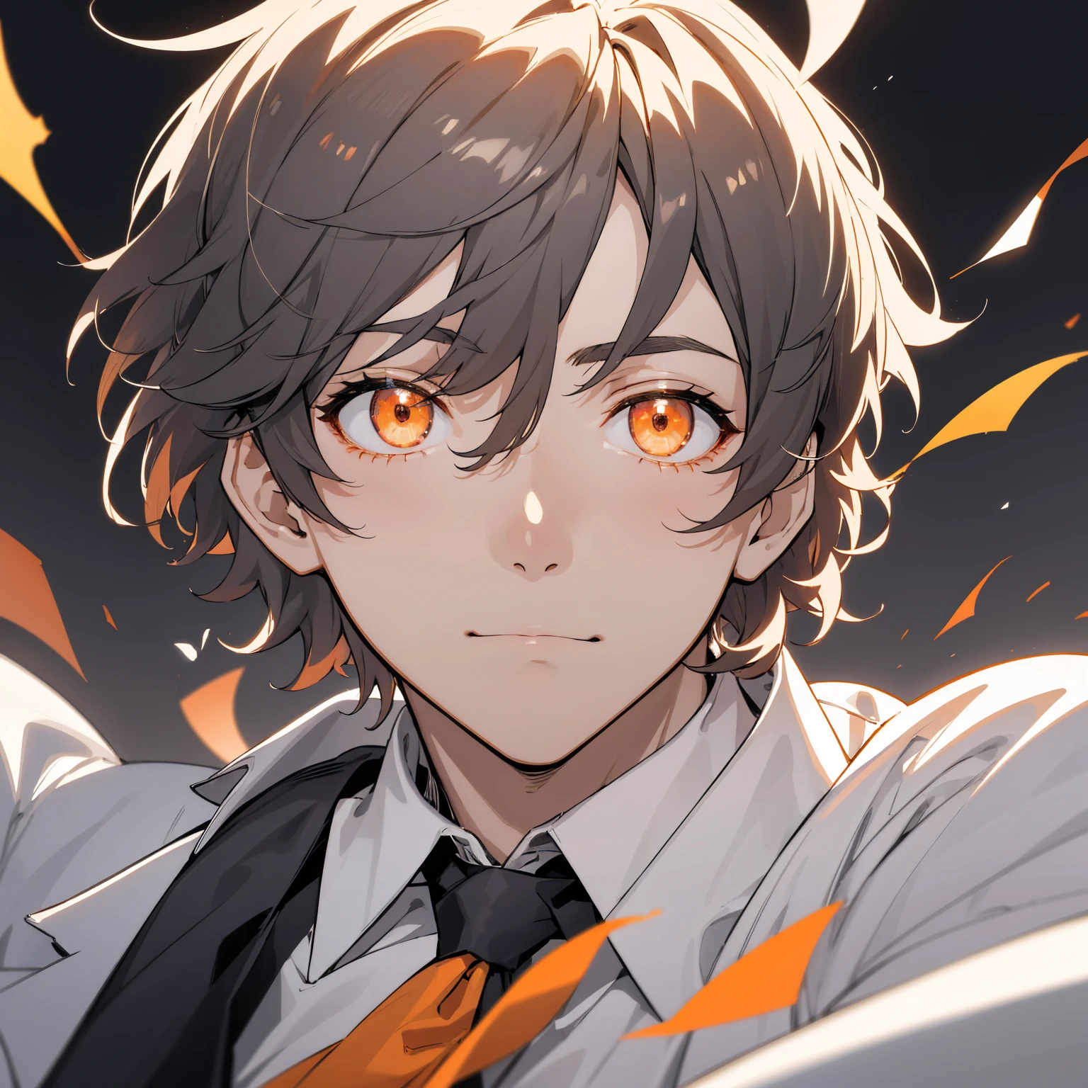 (score_9,score_8_superior,score_7_superior,score_6_superior,score_5_superior,score_4_superior, sauce_anime), 8k, Highest quality, Best lighting, break, 1 person, 27, Toned Up, Male face, Male Eyes, Male Focus, Navy Hair, Orange eyes, (smile: 0.7), Dress shirt, tie, Wide Shot, Very short hair