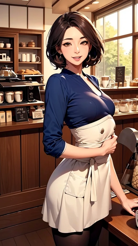 (Masterpiece:1.21),(FHD),(16K),(Top Quality:1.24),(Super Resolution),(Superb Illustration),(Best Shadow),(High Quality),(Super Detail:1.15),(Super Detail), Superb Detail, Elaborate,1 Woman, Japanese Woman,(Housewife:1.5),(40 Years Old:1.68),(Attractive Mature Woman:1.66),(Middle Age:1.78),(Small Round Face:1,69),((small breasts:1.96)),((graduated haircut)),Casual, simple blouse,V-neckline,knee-length skirt, blouse in bright colors,pastel shades,(((old cafe interior,coffee shop,in room))),(laugh:1.21),,(love:1.9),