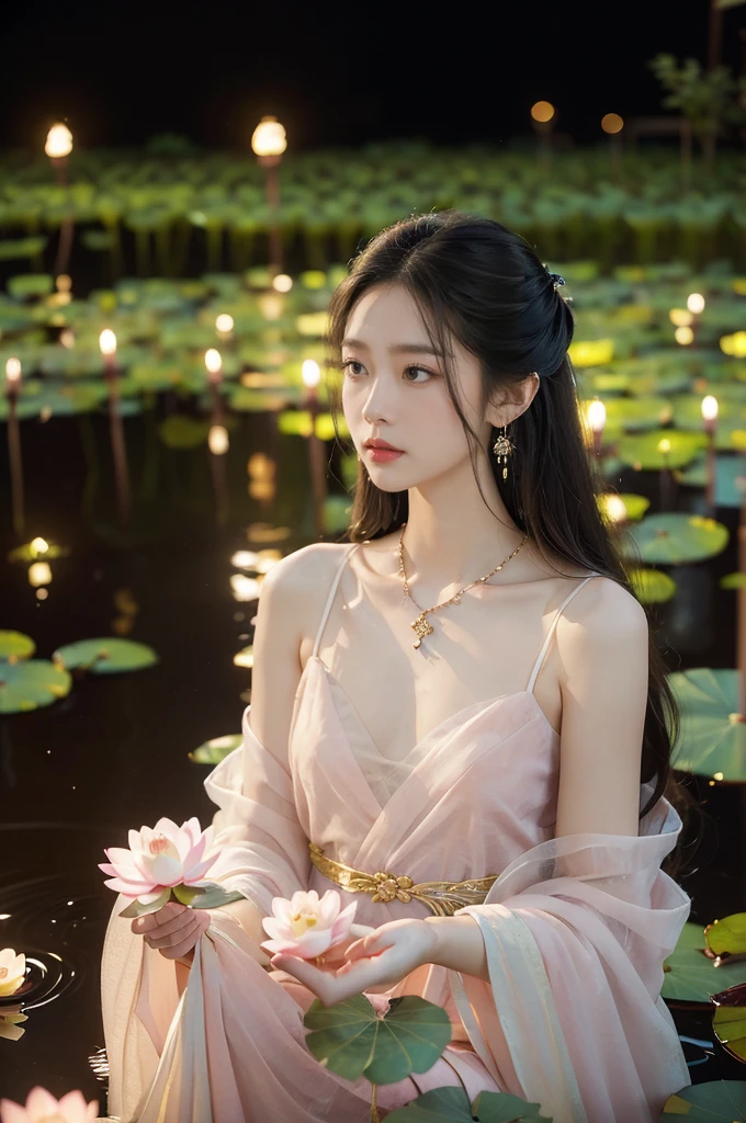 (((best quality))),(((ultra detailed))),(((masterpiece))),illustration,((1 beautiful young girl,solo)),((slim,thin)),(shoulder length straight hair:1.2),((earrings,necklace)),((small breasts,flat chest)),(see through traditional pink sheer Hanfu dress:1.3),(lotus pond full of lotus flowers:1.3), serene moonlight, ethereal,floral pattern, water movement, billowing fabric, tranquil, moon reflection, petals, fireflies, magical, light,warm light, dreams, invitation, standing, gazing, reflection, inner thoughts, emotional, sweet scent, natural beauty, solitude, hypnotic lull, eternal summer night, natural world, human spirit, celebration, backdrop, water, glow,((from front,upper body))