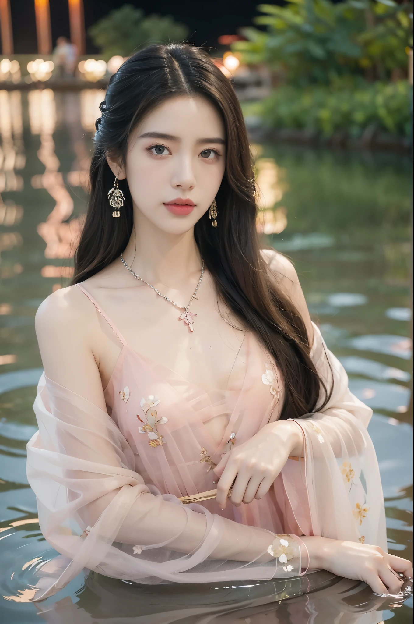 (((best quality))),(((ultra detailed))),(((masterpiece))),illustration,((1 beautiful young girl,solo)),((slim,thin)),(shoulder length straight hair:1.2),((earrings,necklace)),((small breasts,flat chest)),(see through traditional pink sheer Hanfu dress:1.3), lotus pond, serene moonlight, ethereal,floral pattern, water movement, billowing fabric, tranquil, moon reflection, petals, fireflies, magical, light,warm light, dreams, invitation, standing, gazing, reflection, inner thoughts, emotional, sweet scent, natural beauty, solitude, hypnotic lull, eternal summer night, natural world, human spirit, celebration, backdrop, water, glow,((from front,upper body))