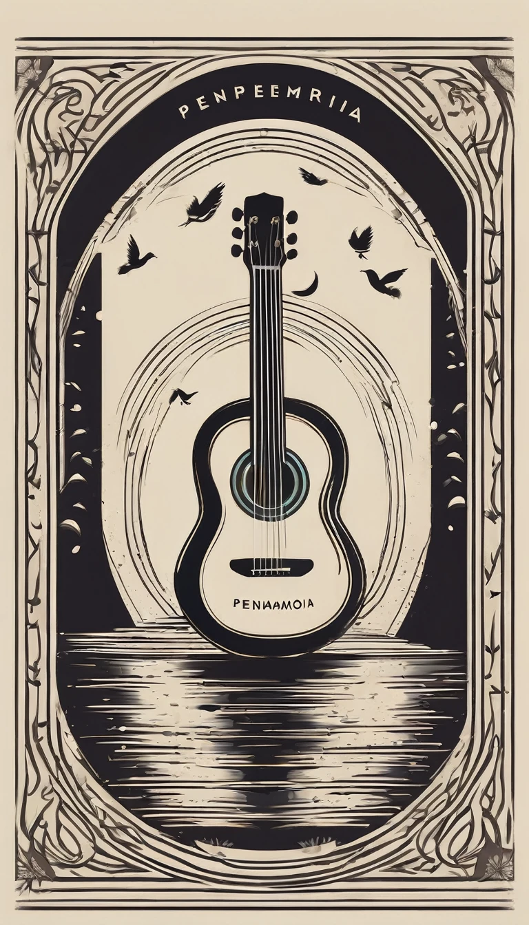A minimal, high quality, modern, simple, cinematic symbol design for the brand “Penamemoria". The logotype must be a simple, magical feather and a boy playing acoustic guitar. The logo must convey a sense of music, stories and dreams. Logo design impressed on a book cover. Minimalistic logo