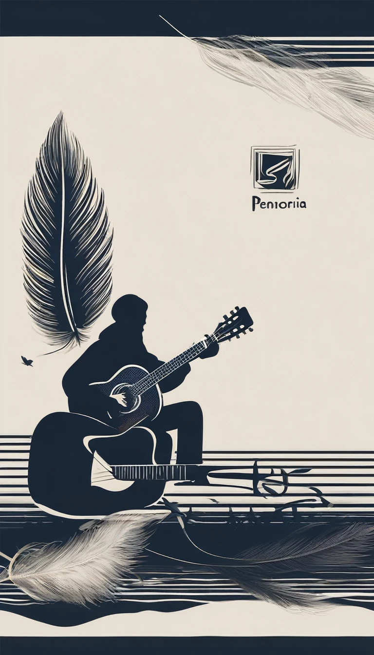 A minimal, high quality, modern, simple, cinematic symbol design for the brand “Penamemoria". The logotype must be a simple, magical feather and a boy playing acoustic guitar. The logo must convey a sense of music, stories and dreams. Logo design impressed on a book cover. Minimalistic logo