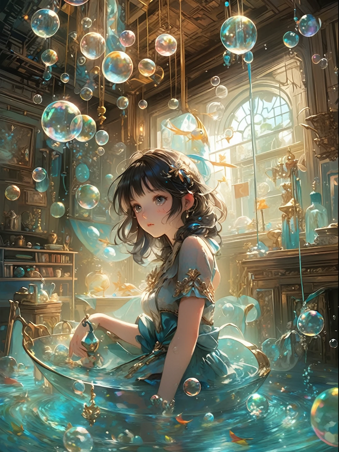 An anime girl in a blue dress、Sitting in a room with bubbles floating around, Anime fantasy illustration, Fantasy art style, artstation pixivでトレンド, Gweiz-style artwork, Beautiful artwork illustration, Anime fantasy artwork, A close-up fantasy using the magic of water, Artgerm Julie Bell Beeple, guweiz on pixiv artstation