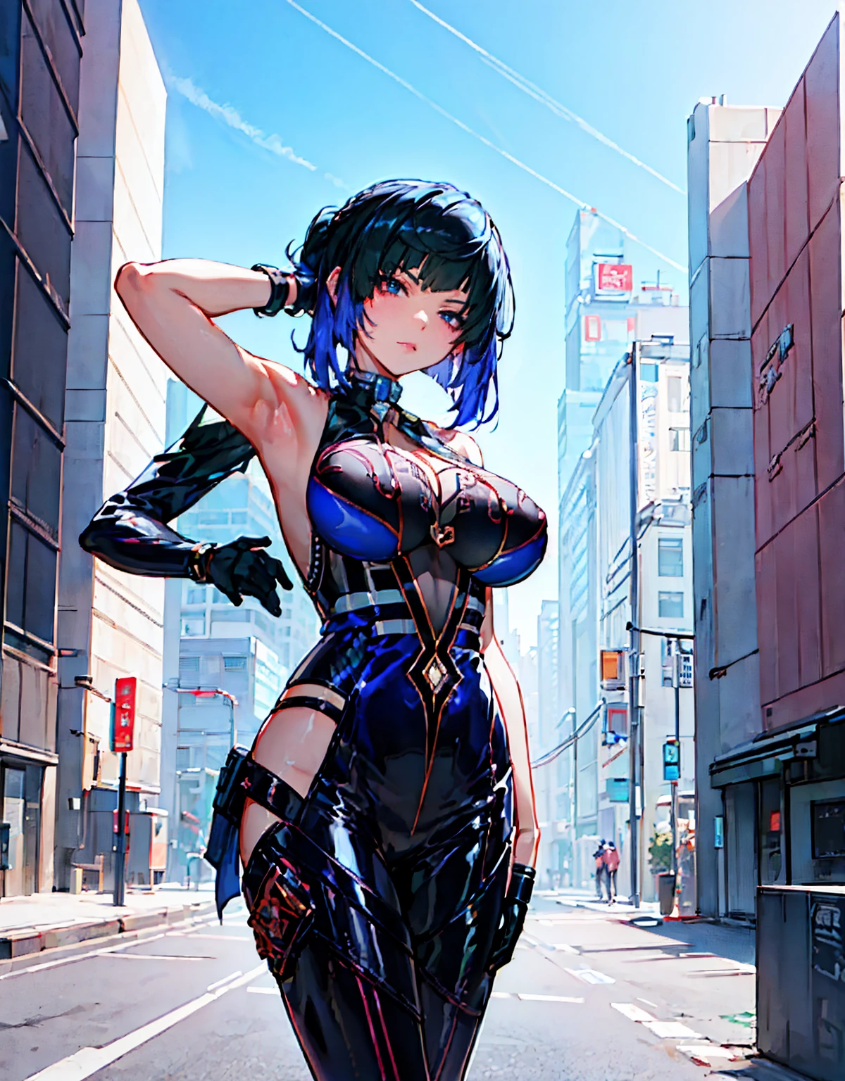 (masterpiece, best quality:1.4)anime girl in black latex posing on the street, female cyberpunk anime girl, oppai cyberpunk, wearing latex, digital cyberpunk anime art, black shiny latex, visible armpits, seductive anime girl, pony tail behind