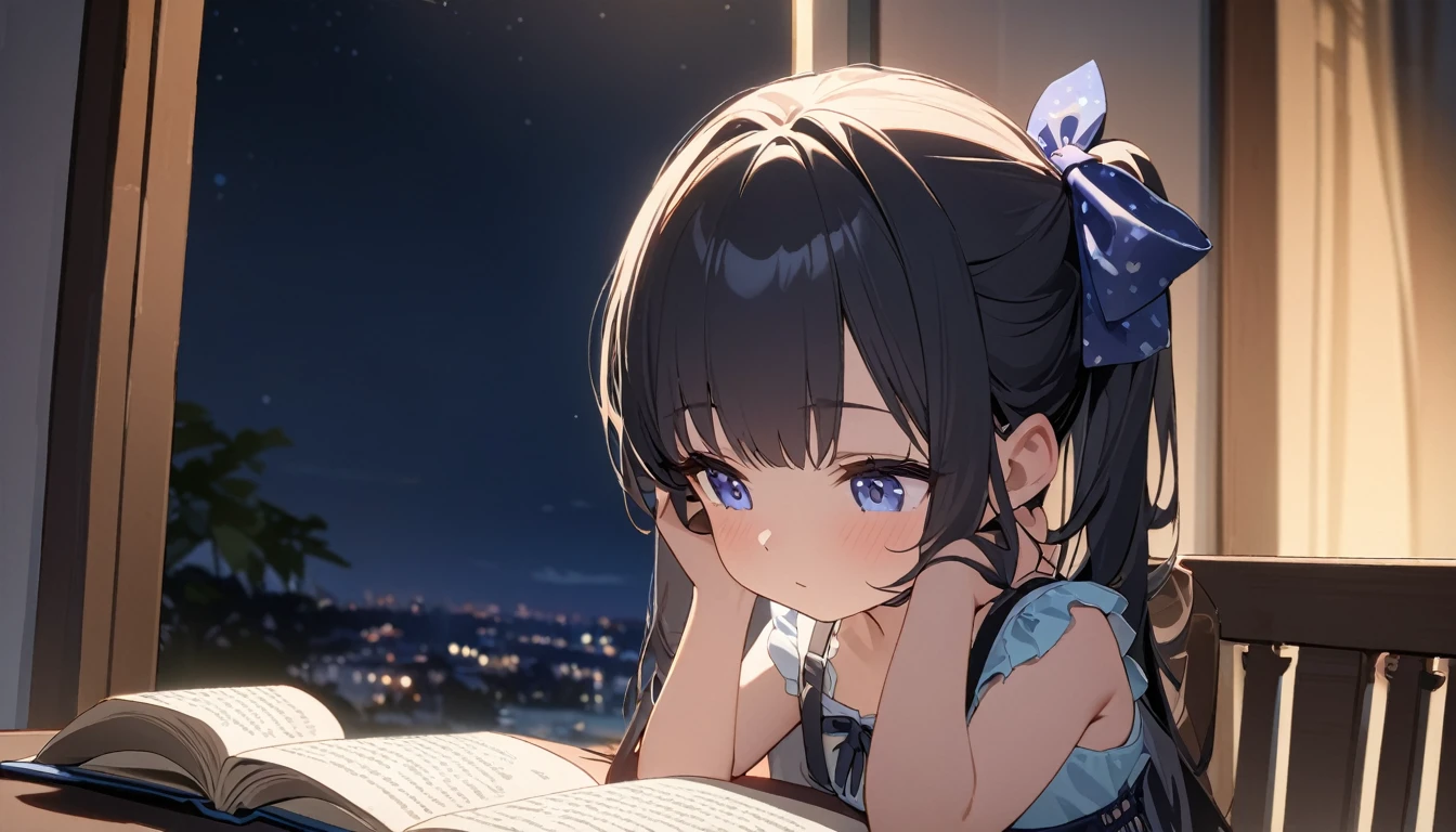 First-class quality,8K resolution,masterpiece,Fresh,Close-up shot,Chinese bows her head to read a book,Sitting at the table,Fashion suspender top,Fair skin,Bright colors,Summer Night,The background is a window,Night view outside the window