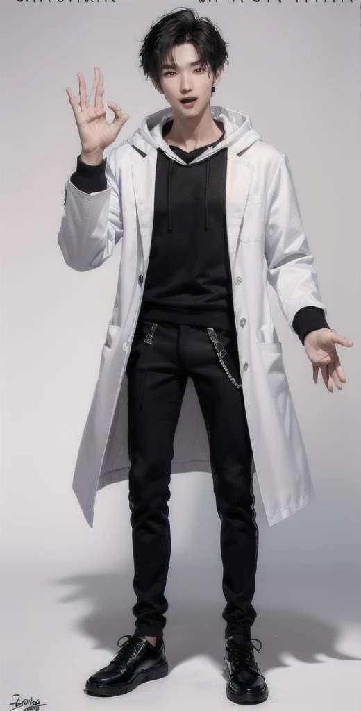 (OK Sign.:1.7),(photorealistic:1.2), (high detail face:1.3), (high detail hands:1.3), (anatomically correct hands:1.2), handsome young asian man, Japanese idol style, short clean-cut hair, ((center part)), (crisp white lab coat:1.3), ((black hoodie underneath:1.2)), (black pants:1.2), (black shoes:1.2), (enthusiastic expression:1.3), ((explain pose:1.4)), (both arms raised:1.3), (clenched fists:1.3), (energetic stance:1.2), plain white background, mid-shot portrait, full body view, high quality, detailed, 8K, (realistic skin texture:1.2), (sharp focus:1.1), (contrast between white coat and black clothing:1.2)