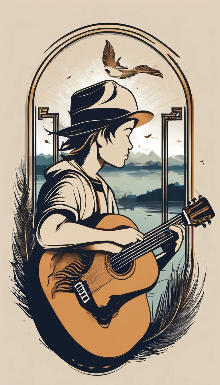 Create a minimal, modern, simple, inspirational, memorable, dream like logo design of a boy playing acoustic guitar to a feather for the brand “Penamemoria". The logo design must convey a sense of storytelling, cinematic storytelling, stories and dreams. Logo design impressed on a book cover