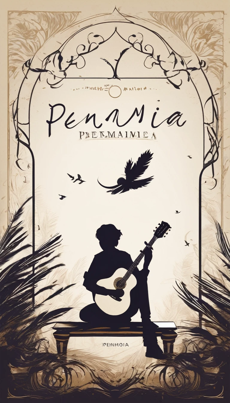 Create a minimal, modern, simple, inspirational, memorable, dream like logo design of a boy playing acoustic guitar to a feather for the brand “Penamemoria". The logo design must convey a sense of storytelling, cinematic storytelling, stories and dreams. Logo design impressed on a book cover