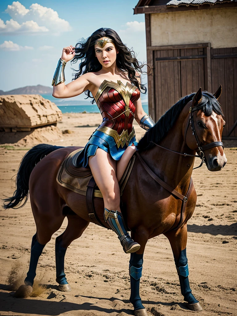 Wonder woman is riding a horse, realistic