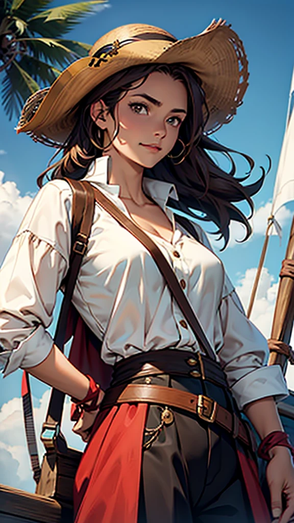 1 female, medium length brown hair, hazel eyes, wearing pirate outfit, at the helm of a pirate ship, wearing straw hat with red band, wearing straw hat