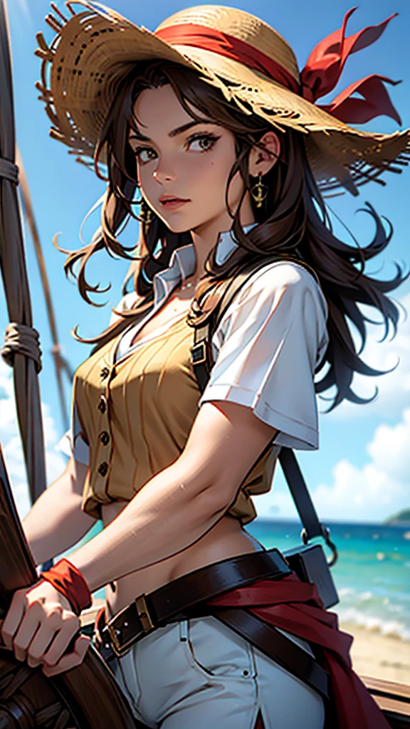 1 female, medium length brown hair, hazel eyes, wearing pirate outfit, at the helm of a pirate ship, wearing straw hat with red band, wearing straw hat