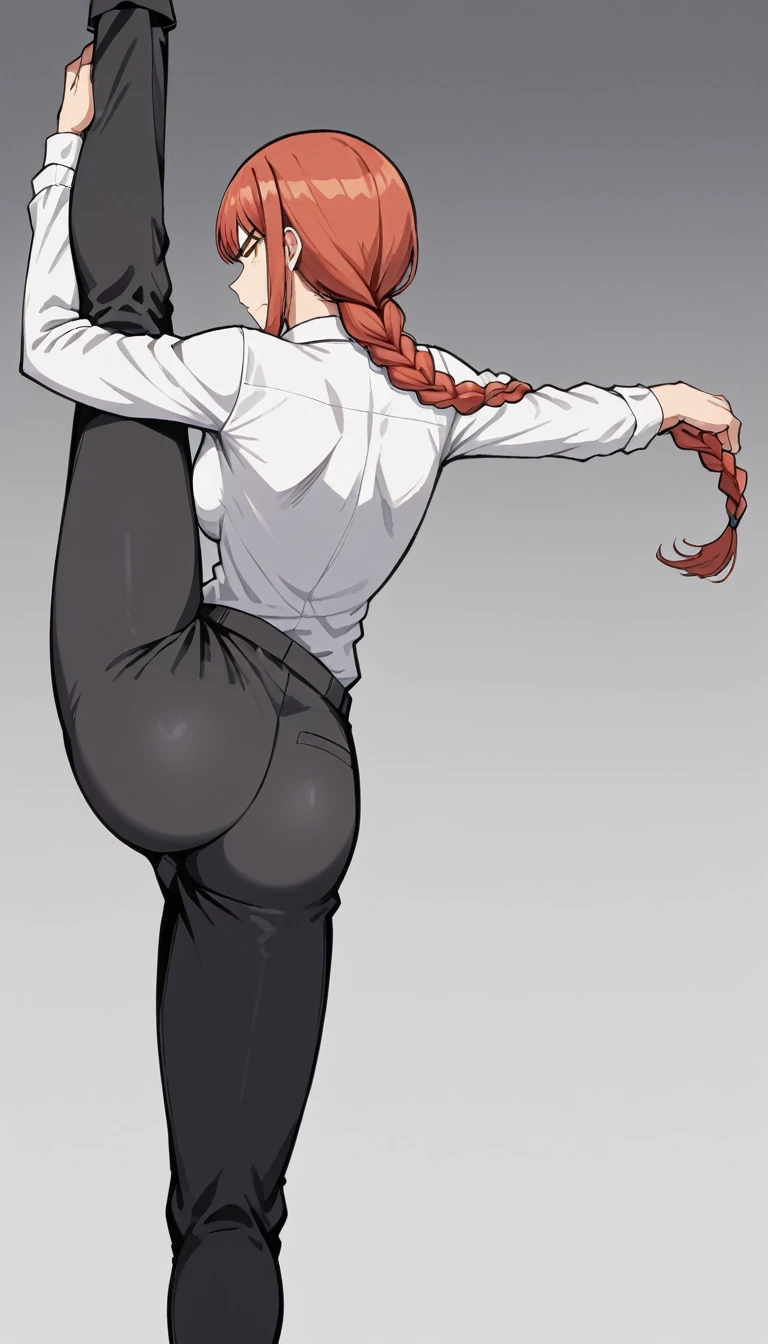 makima, braided ponytail, orange eyes, ringed eyes, collared shirt, black necktie, black pants, serious, One girl, standing_split,( from behind,back,bottom:1.5), standing split,stand on one leg