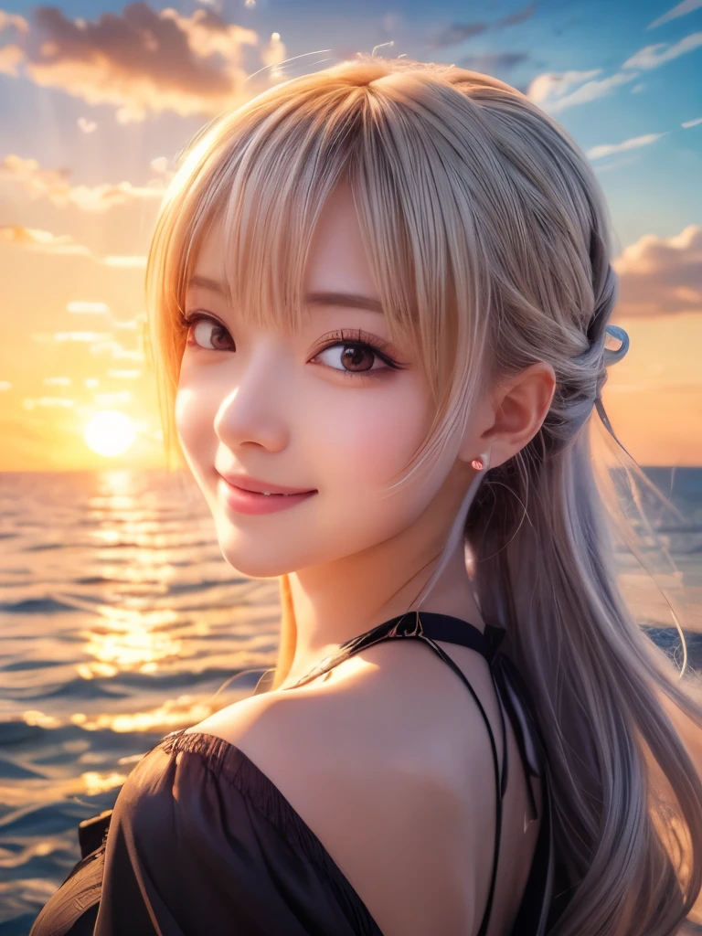 Anime Style, In the sky, Across the sea, Open both eyes, Fine-grained, In the sunset, smile, masterpiece, 4K, Detailed face, Good anatomy, highlight,