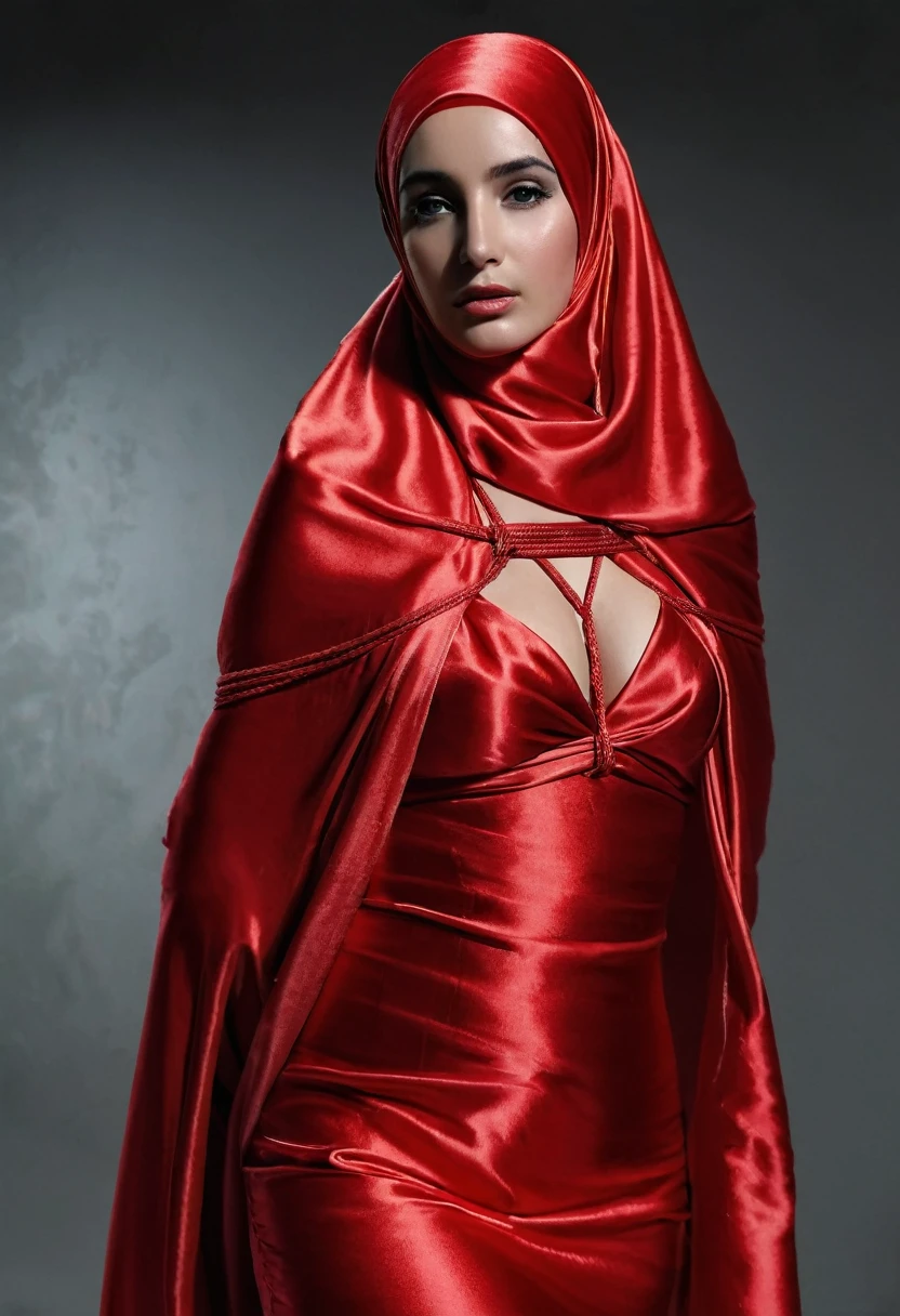 a sexy a woman covered in large red satin cloth, tied tightly with the satin cloth, mummified, the satin hanging down very long, a mermaid style dress, wearing a satin hijab, the satin cloth is very long, forming the curve of the body, flowy satin about 4 meter,full body,masterpice, 4k resolution, ultra-realistic, highly detail.