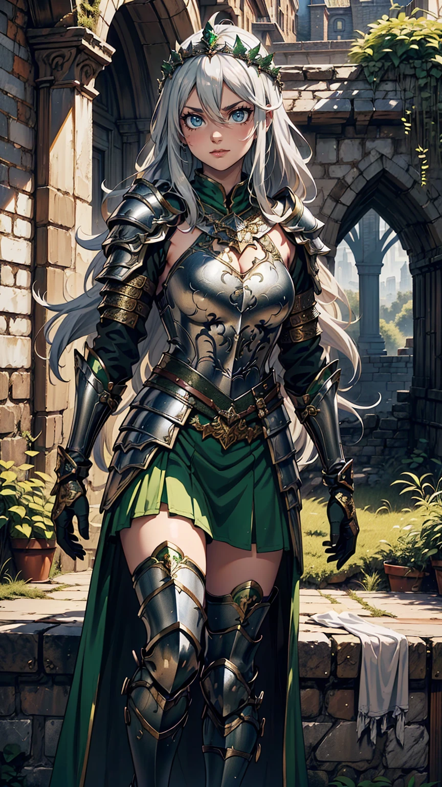 最high quality、Ultra High Definition, Ultra High Quality, Hyper Definition, Hyper Quality, Hyper Detailed, Extremely Detailed, Perfectly Detailed, Best image quality、masterpiece、anime woman((20-year-old、super dynamic pose , Green solid eyes, Silver long Hair, Disheveled Hair、Long White Hair,  Glove、Green Skirt, Fantasy nature type Armor, Smirk, cheerful expression, charismatic, Detailed Cuirass , Dressed in Full Coverage Fantasy Plate Armor, leg armor, wearing diadem)),high quality、Beautiful art、background((Inside the mansion))、Written boundary depth、  movie、Visual Arts、Perfect art、8K,Genuine、