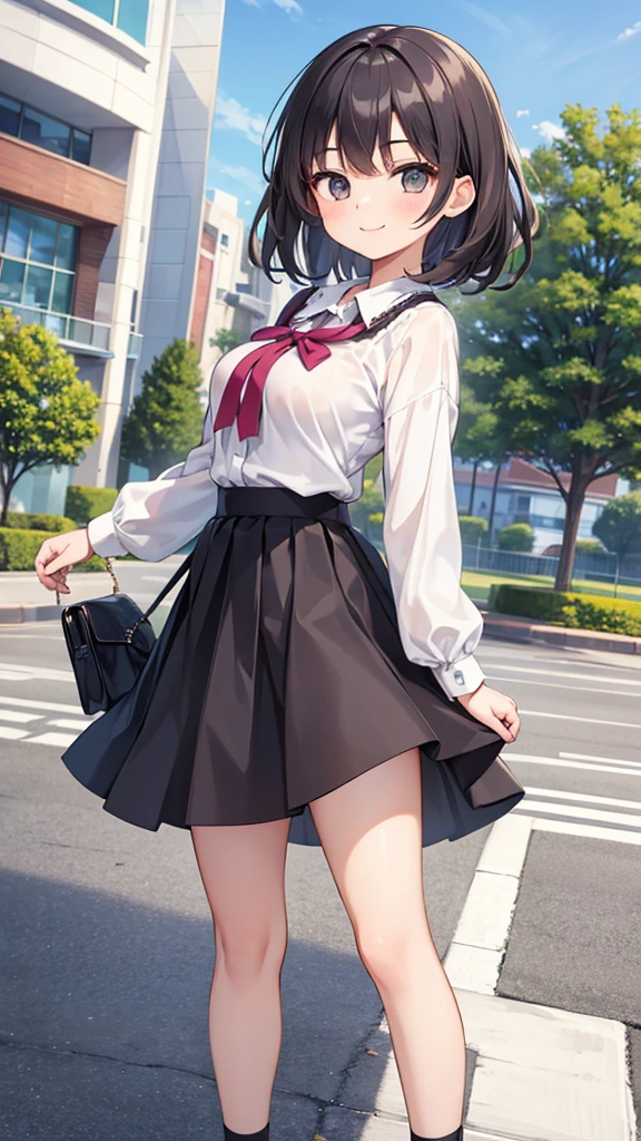 (15-year-old girl), (blouse), (skirt),(Casual Fashion) (Park Background),  (smile),whole body,Low - Angle,looking at the camera,front