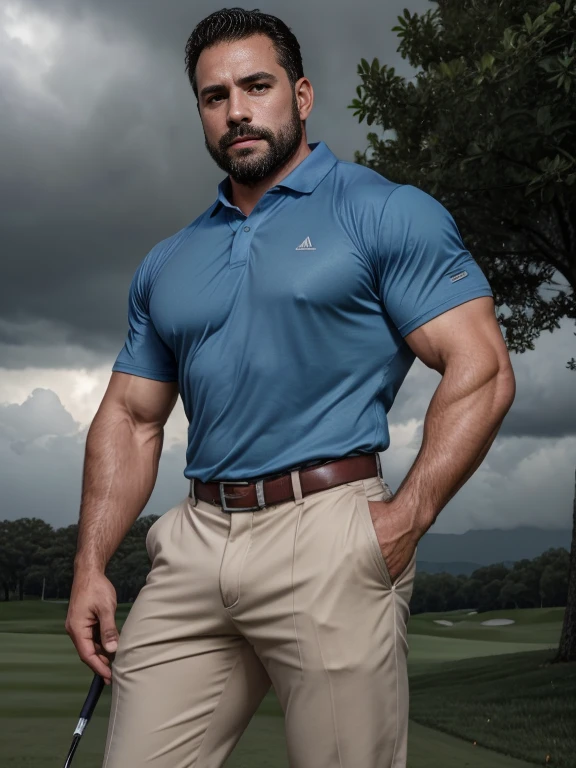 Masterpiece, Best Quality, High resolution, close-up portrait, (1 chico:1.4) A man in golf clothing, muscular, (with shirt: 1.2) male focus, focus alone, tanned skin, 38-year-old man in golf course., muscular, strong, furry, masculine, (shirtless: 1.2), in the background a farm, in a storm, amazing composition, front view, HDR, volumetric lighting, (plano general, FROM THE FRONT:1.2) (GS-Macho :1.5) (magnificent landscape:1.2), macho, thick forearms, thick arms, huge thighs, charming smile, winking