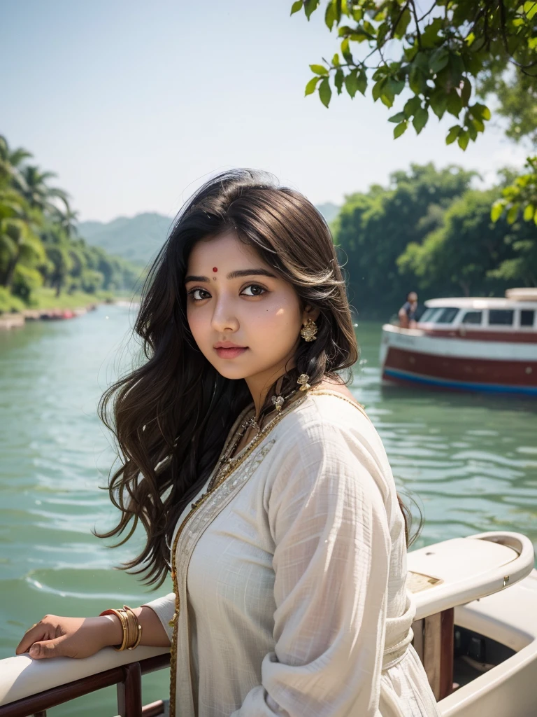 (((desi girl))), chubby face, natural skin, wearing traditional Indian saaree, charming black hair,  ((hair ends are blonde)), on a boat on a river, bokeh , teenager, 18 year old , indian , long hair like water waves , slim and fit , Wearing blue saaree