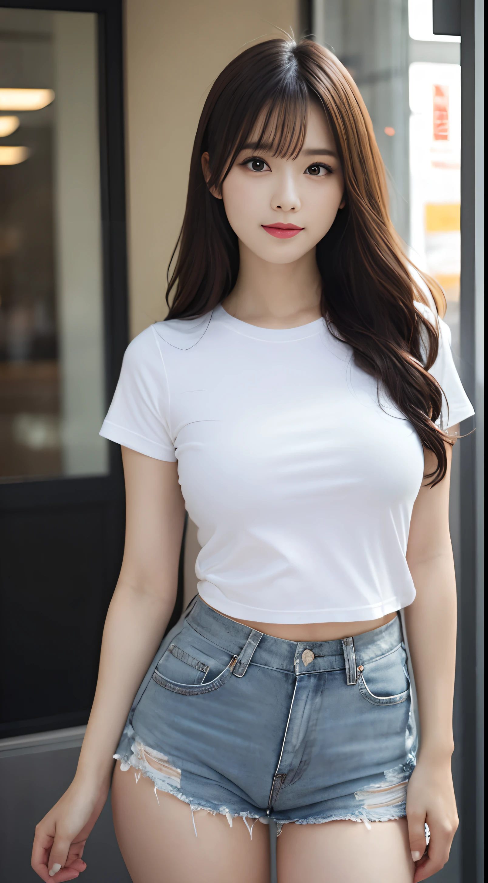 Tabletop, Highest quality, figure, Very detailed, Fine details, High resolution, 8k wallpaper, Perfect dynamic composition, Beautiful attention to detail,Full body photo,Show your whole body,White T-shirt、The T-shirt is transparent、Long white hair,Huge boobs, Bold sexy pose,smile,Harajuku、20-year-old girl、Huge 、Take a look at the sexy shots of the lens