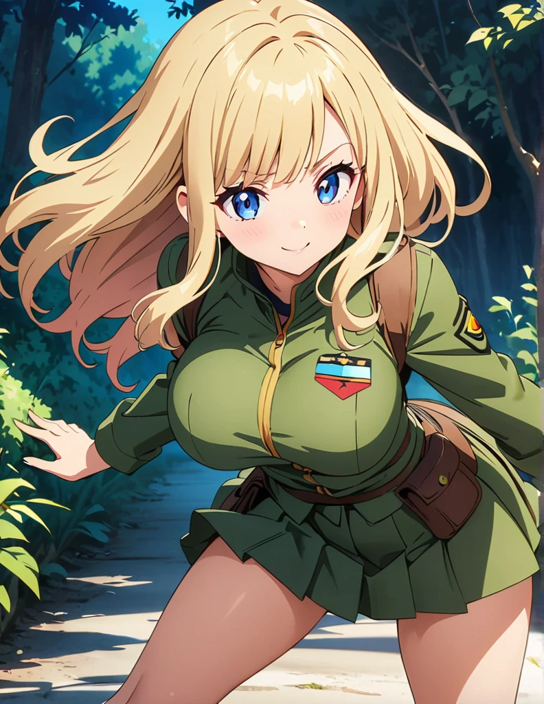 (anime artwork, anime style, studio anime, very detailed, up to date, vibrant, Anime Coloring, high contrast, masterpiece:1.2, best quality, best aesthetics),2 girl,hug from behind,army suit, pleated skirt, Medium chest, A glimpse of thighs,random hair, One eye is hidden by the bangs, perfect proportions, high detail skin, Cute, detailed faces,forest, precise fingers,panty shot ,catfight battle,curvy, large breasts,
