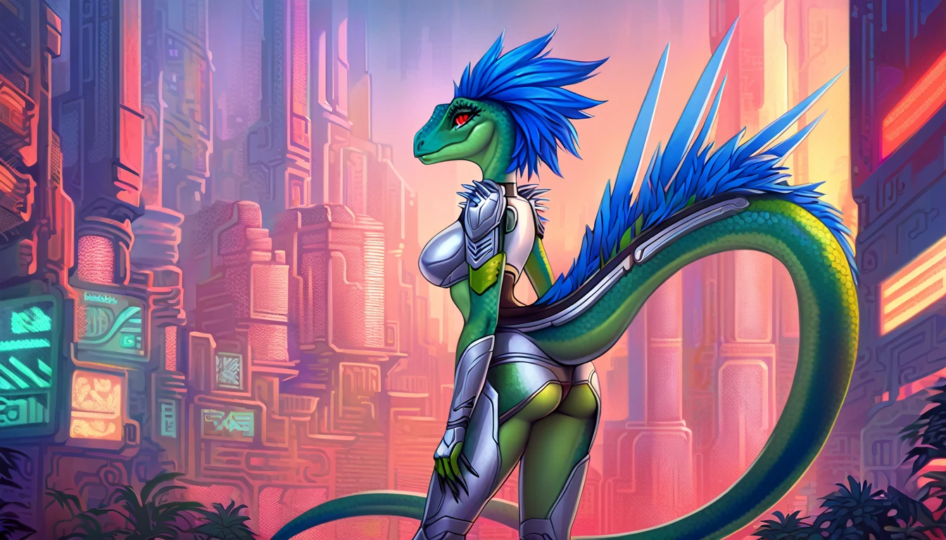 ultra quality, vivid colors, anthropomorphic Velociraptop, female, she has a very beautiful velociraptor face, she has long spiky blue hair, she is tall and slim with a defined body, she have a medium size breasts, she has wide hips, she has very detailed green scaly skin, she has detailed hands and fingers, she has a detailed Velociraptor tail, she has detailed red eyes, she is wearing silver-colored sleeveless cybernetic armor, she is wearing 2 silver-colored metallic shoulder pads, she is wearing silver-colored cybernetic boots, in the background you can see a futuristic city, 2d style art.
