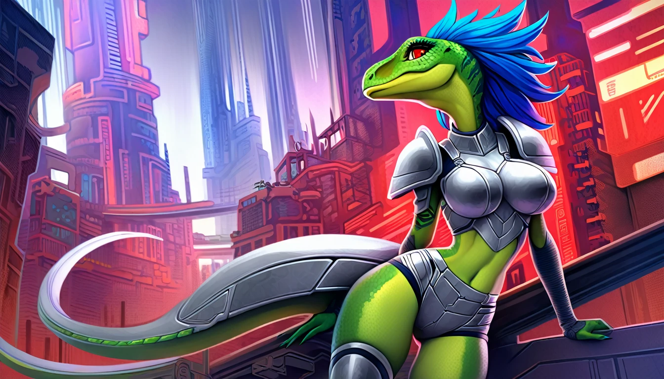 ultra quality, vivid colors, anthropomorphic Velociraptop, female, she has a very beautiful velociraptor face, she has long spiky blue hair, she is tall and slim with a defined body, she have a medium size breasts, she has wide hips, she has very detailed green scaly skin, she has detailed hands and fingers, she has a detailed Velociraptor tail, she has detailed red eyes, she is wearing silver-colored sleeveless cybernetic armor, she is wearing 2 silver-colored metallic shoulder pads, she is wearing silver-colored cybernetic boots, in the background you can see a futuristic city, 2d style art.
