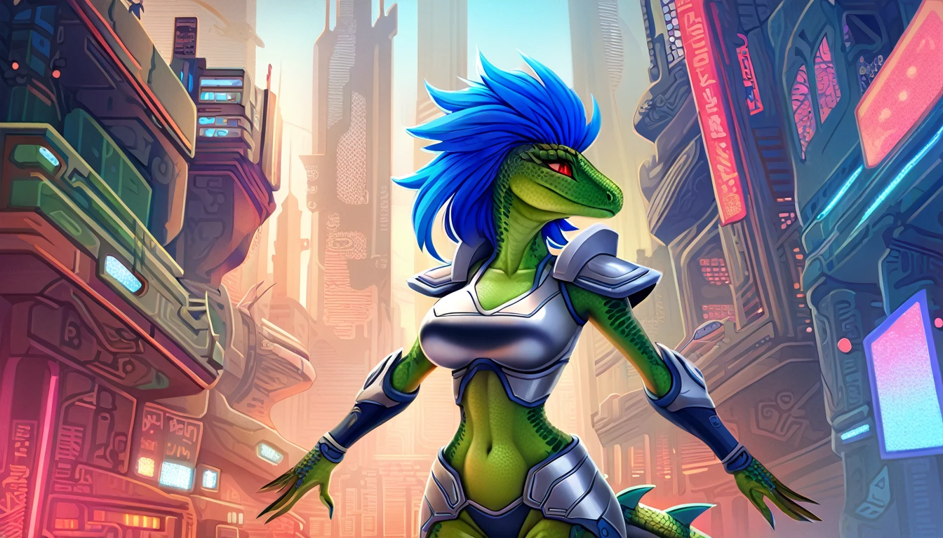 ultra quality, vivid colors, anthropomorphic Velociraptop, female, she has a very beautiful velociraptor face, she has long spiky blue hair, she is tall and slim with a defined body, she have a medium size breasts, she has wide hips, she has very detailed green scaly skin, she has detailed hands and fingers, she has a detailed Velociraptor tail, she has detailed red eyes, she is wearing silver-colored sleeveless cybernetic armor, she is wearing 2 silver-colored metallic shoulder pads, she is wearing silver-colored cybernetic boots, in the background you can see a futuristic city, 2d style art.
