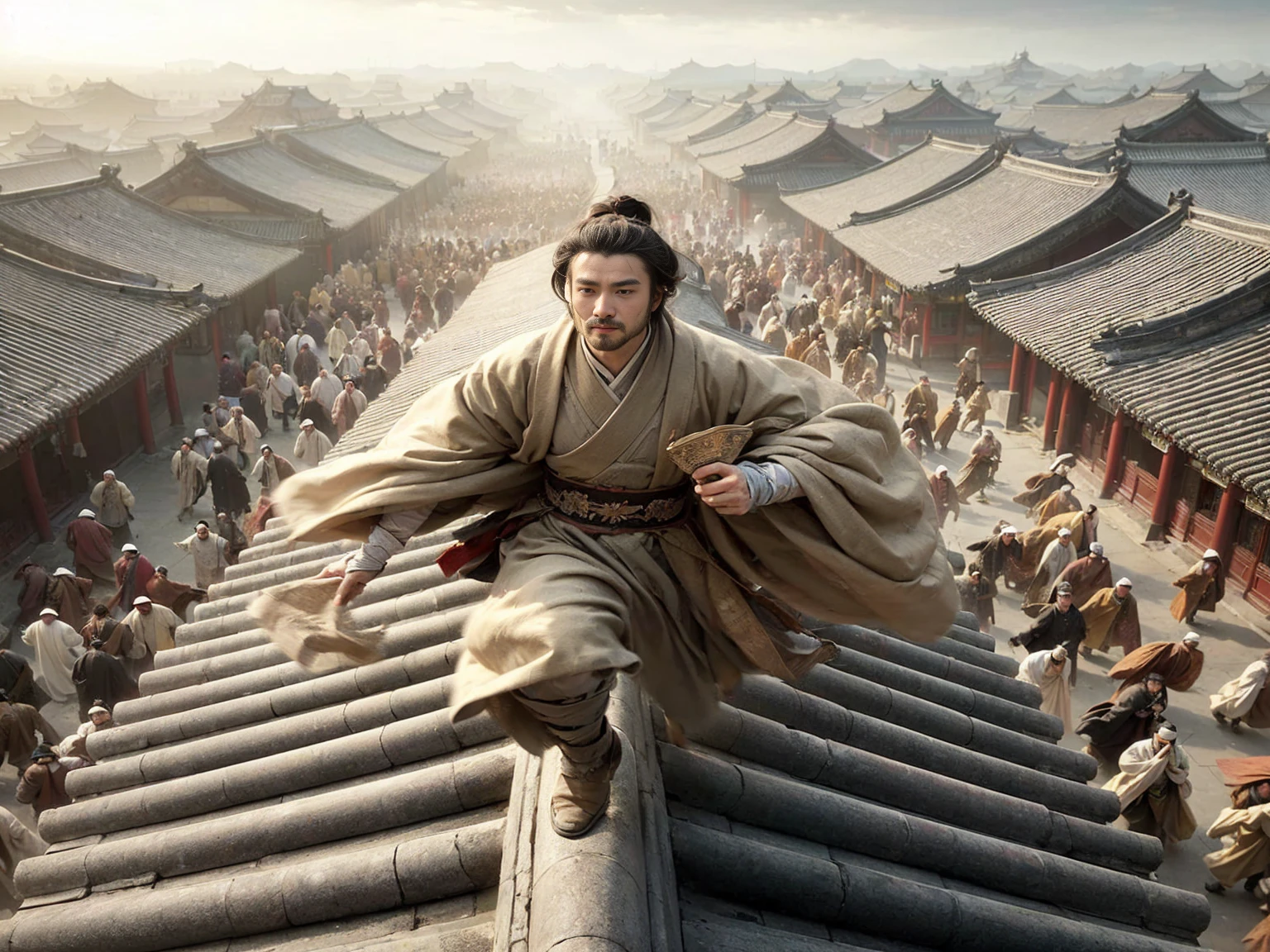 (best quality:1.2), (high resolution:1.2), (The sharpest focus:1.2), (Ultra Realistic Photo:1.2), (Ultra-precise photos:1.2), (Depth of Field:2.0), (Perfect anatomical structure:1.2),
(Stupid Commoners in Qin Dynasty China,Short stature man:1.5), (Visually stunning scenes),(Ancient),(High-altitude views),(Overlooking),((Large wide angle)),(Tyndall effect),(A photo of a city viewed from above),(Sky),(Endless),(Qin Dynasty Architecture), (Chinese urban architecture),(Black ancient building),(Black Bridge), (Designed matte finish), (Epic matte painting technology)
