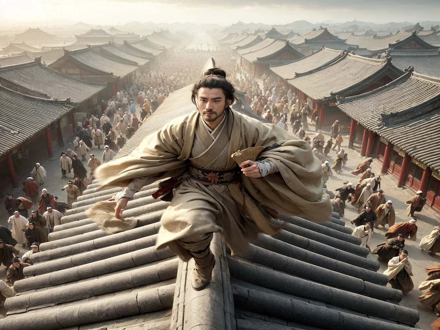 (best quality:1.2), (high resolution:1.2), (The sharpest focus:1.2), (Ultra Realistic Photo:1.2), (Ultra-precise photos:1.2), (Depth of Field:2.0), (Perfect anatomical structure:1.2),
(Stupid Commoners in Qin Dynasty China,Short stature man:1.5), (Visually stunning scenes),(Ancient),(High-altitude views),(Overlooking),((Large wide angle)),(Tyndall effect),(A photo of a city viewed from above),(Sky),(Endless),(Qin Dynasty Architecture), (Chinese urban architecture),(Black ancient building),(Black Bridge), (Designed matte finish), (Epic matte painting technology)