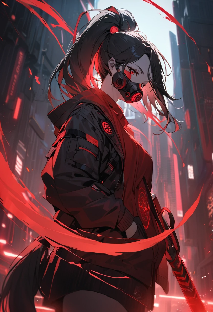 A woman,matured, perfect anatomy, cyberpunk gas mask,long pony tail hair(black hair),red aura,red magic circle,long samurai sword, cinematic lighting, cinematic angle,