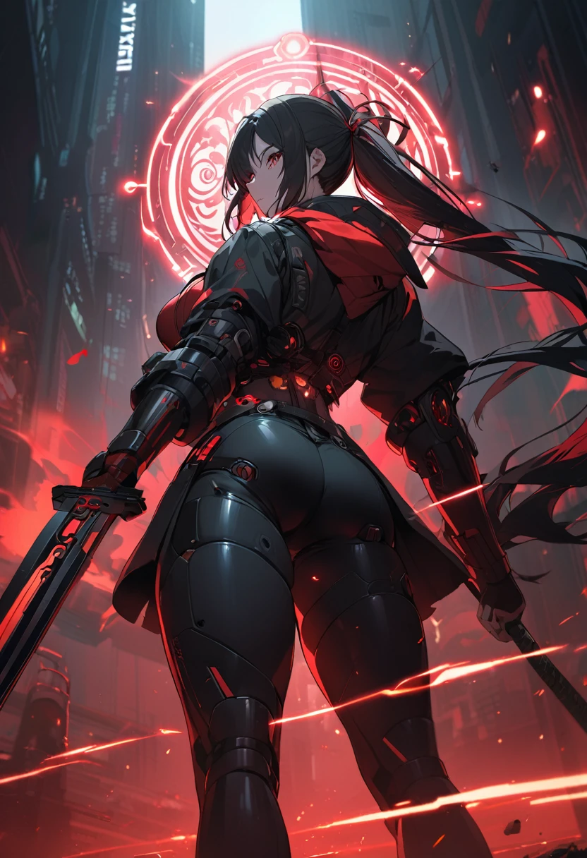 A woman,matured, perfect anatomy, cyberpunk gas mask,long pony tail hair(black hair),red aura,red magic circle,long samurai sword, cinematic lighting, cinematic angle,