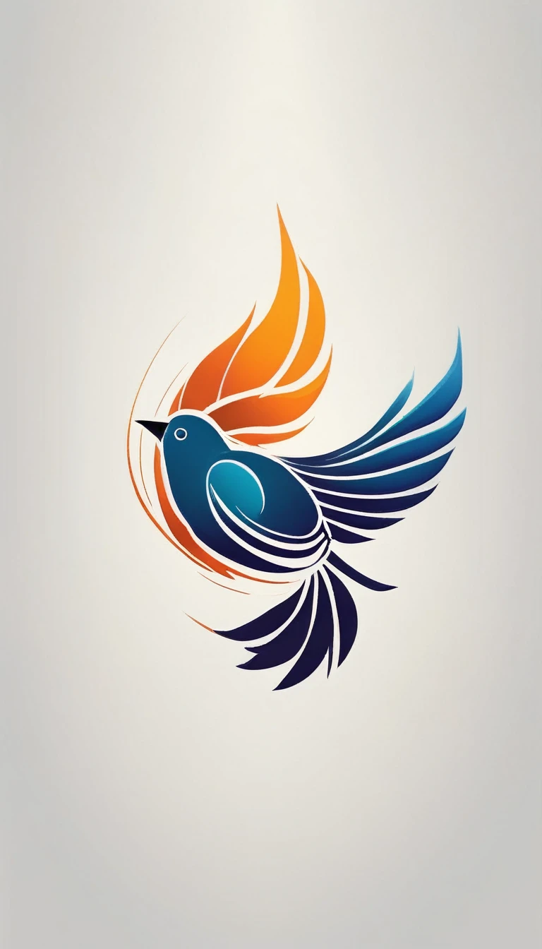 Create a cinematic image, abstract symbol for a film production company based on stories and music. The logo should represent the companionship between a boy musician, A storyteller fantasy bird, a dreamy feather, A boy and a guitar. Minimalist symbol design