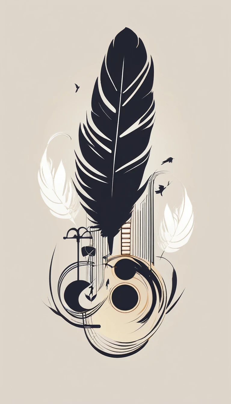 Create a cinematic image, abstract symbol for a film production company based on stories and music. The logo should represent the companionship between a boy musician, A storyteller fantasy bird, a dreamy feather, A boy and a guitar. Minimalist symbol design