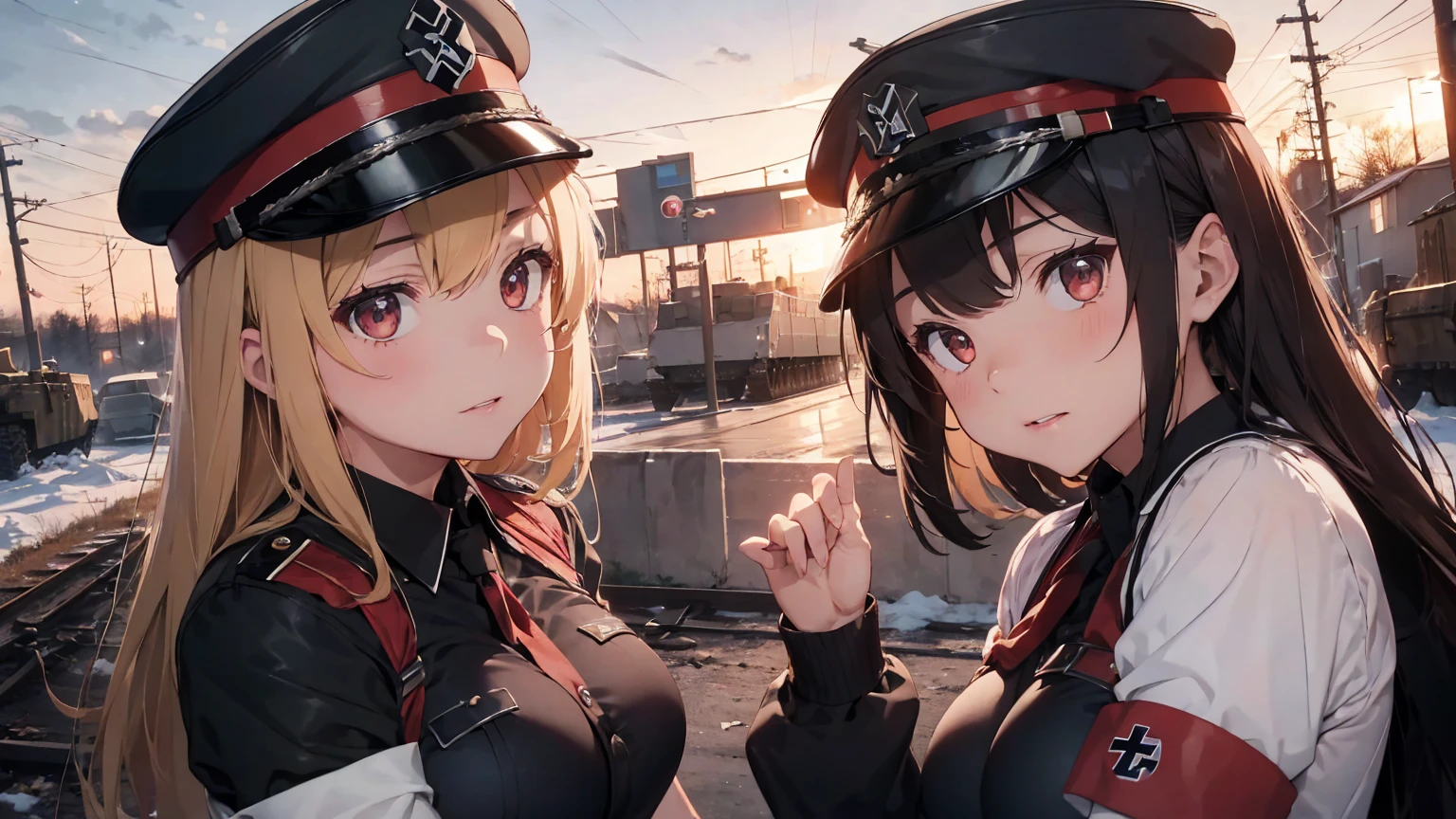 Nazi Gestapo uniform, female lesbian kawaii sisters kissing passionately with T-54 military tank. wearing Luftwaffe uniforms. 8k. masterpiece. best quality. best artwork. lingerie. Swastika insignia red armband. bare breasts. sunset. snowing