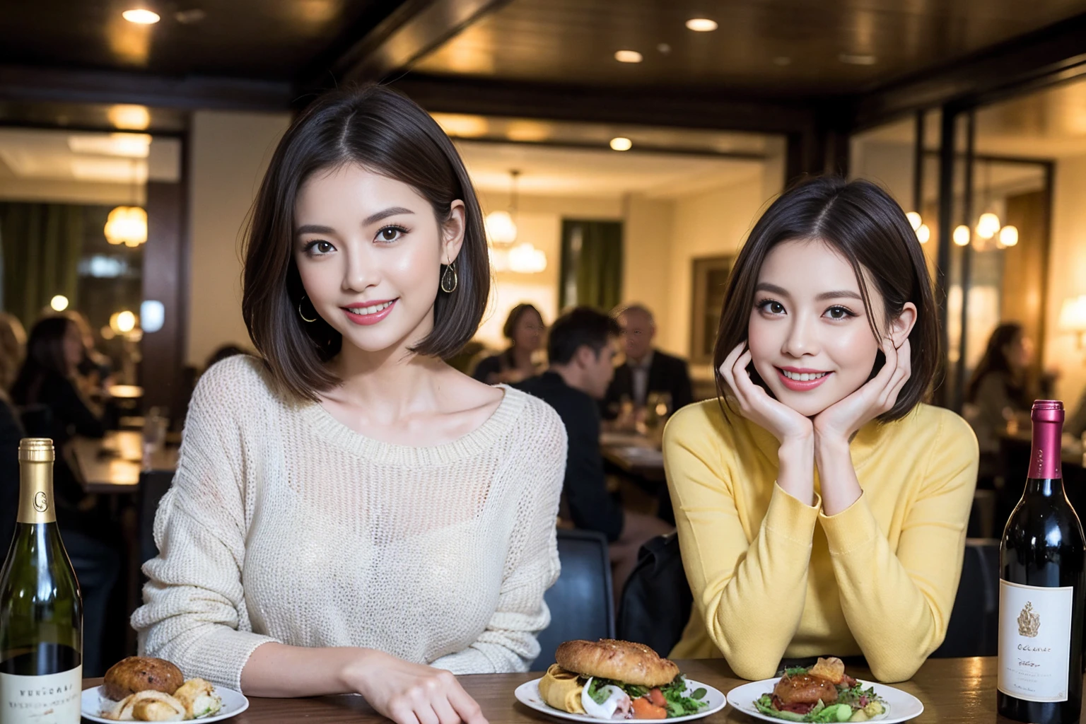 (Realistic:1.1),(masterpiece,Highest quality),8k,(40 years old), 42 years old, slimカップル、Model Couple、actress/actor、Tight waist,Upper Body,full-course dinner、wine 、Amazing view of the sunset sky and clouds、Perfect Anatomy, Brown Hair, short hair,Random Hairstyles,((Highly detailed face and eyes:1.2))(cute顔:1.4),美しいactressの顔,Perfect golden ratio face,Long sleeve shirt、dress,(smile:1.2)、Shortcuts、cute、(Realistic, Intricate details:1.2), A bright smile、short hair,Bright Face、赤wine 、Appetizers、Italian food、wine bottle、Champagne、スパークリングwine、(slimな顔), (The body is slim), (Brown Hair), (Shortcuts), Upper Body, 白wine, slim, wineグラス,