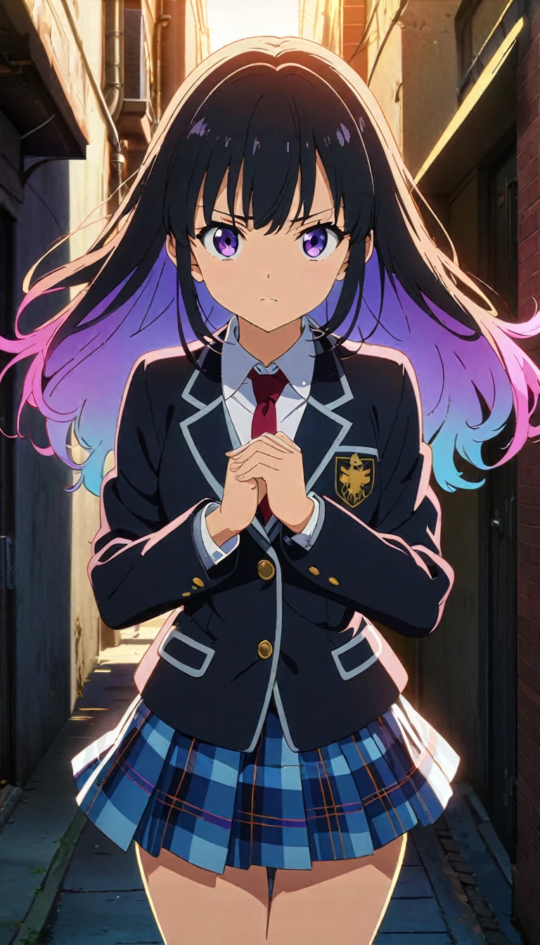 (Highest quality:1.2, Anime artwork, Anime Style, Studio Anime, Very detailed, up to date, Vibrant, Anime Coloring, High Contrast, masterpiece:1.2, Highest quality, Best aesthetics), Blue plaid pleated skirt:1.5, Red tie:1.5, Black blazer, (Private School Uniforms), Beautiful thighs, Black Stockings, Gradient Hair, Triple Good, Perfect body line, Skin with attention to detail, cute, Detailed face, Random Pause, Open your hands, alley, Urban area, Accurate Fingers, evening, Illuminated by the setting sun, Soft lighting,