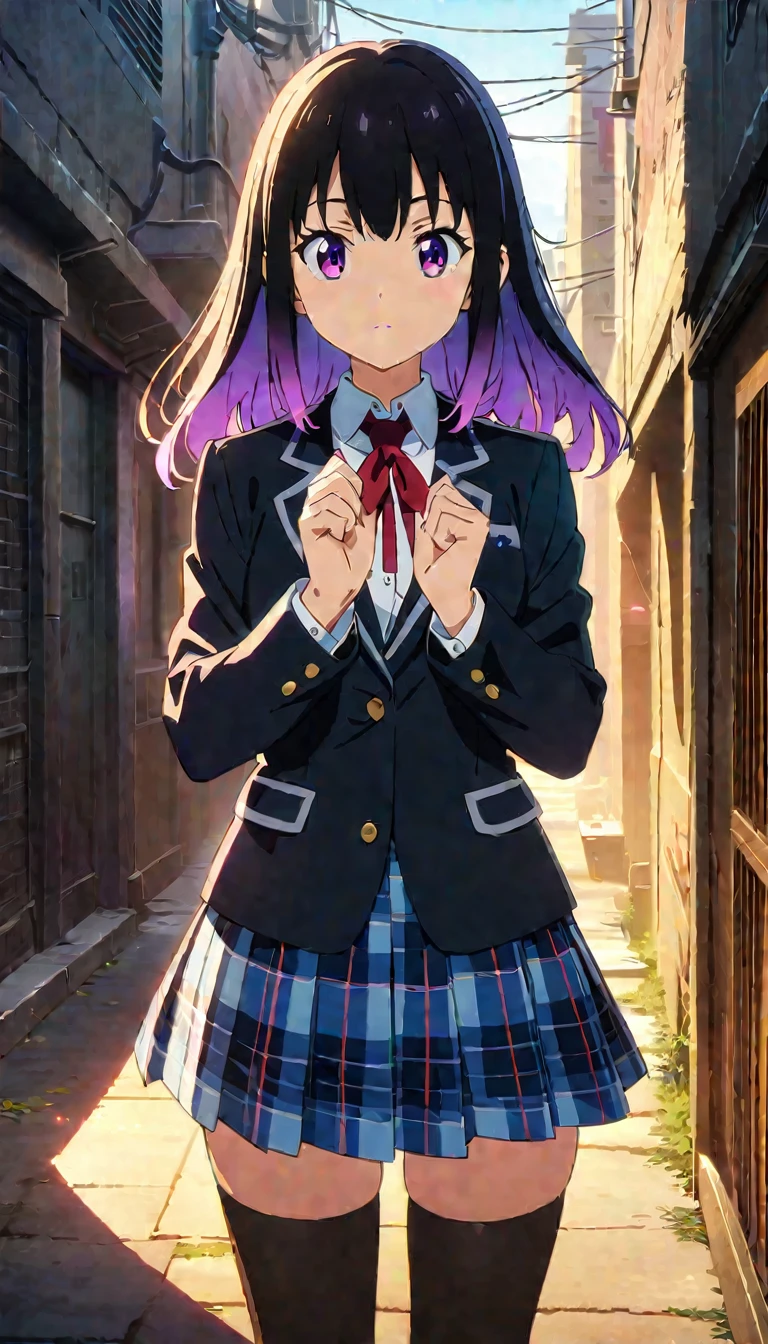 (Highest quality:1.2, Anime artwork, Anime Style, Studio Anime, Very detailed, up to date, Vibrant, Anime Coloring, High Contrast, masterpiece:1.2, Highest quality, Best aesthetics), Blue plaid pleated skirt:1.5, Red tie:1.5, Black blazer, (Private School Uniforms), Beautiful thighs, Black Stockings, Gradient Hair, Triple Good, Perfect body line, Skin with attention to detail, cute, Detailed face, Random Pause, Open your hands, alley, Urban area, Accurate Fingers, evening, Illuminated by the setting sun, Soft lighting,