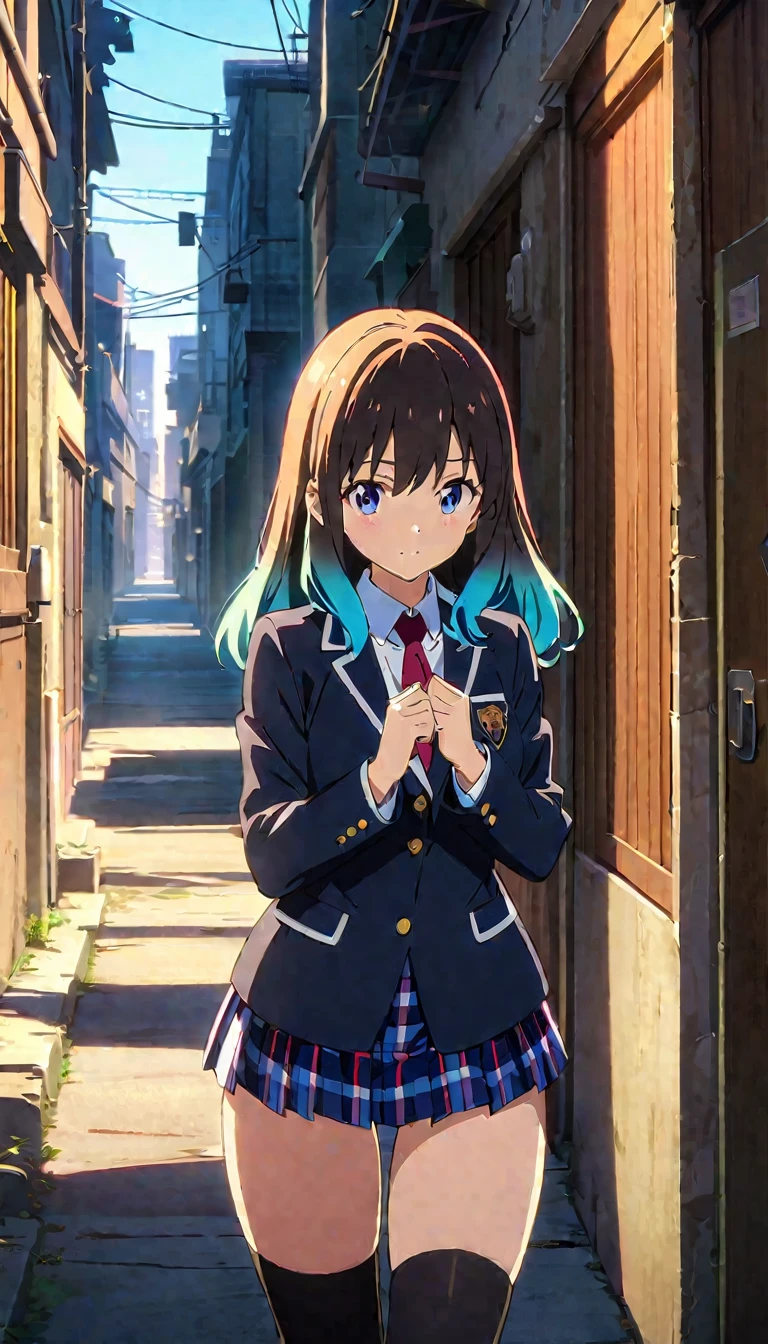 (Highest quality:1.2, Anime artwork, Anime Style, Studio Anime, Very detailed, up to date, Vibrant, Anime Coloring, High Contrast, masterpiece:1.2, Highest quality, Best aesthetics), Blue plaid pleated skirt:1.5, Red tie:1.5, Black blazer, (Private School Uniforms), Beautiful thighs, Black Stockings, Gradient Hair, Triple Good, Perfect body line, Skin with attention to detail, cute, Detailed face, Random Pause, Open your hands, alley, Urban area, Accurate Fingers, evening, Illuminated by the setting sun, Soft lighting,