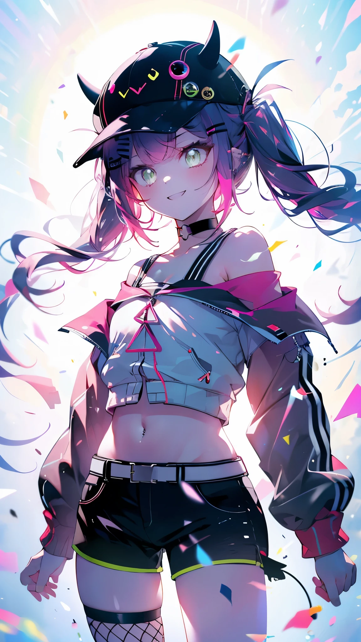 (​masterpiece、top-quality:1.1), 1girll, 1boy, Tattered clothes, Beautiful eyes of iridescent colors,punch , Puffy expression, Rainbow Hair Color, bangss, Ahoge,croptop, thighs thighs thighs thighs,Everyday background