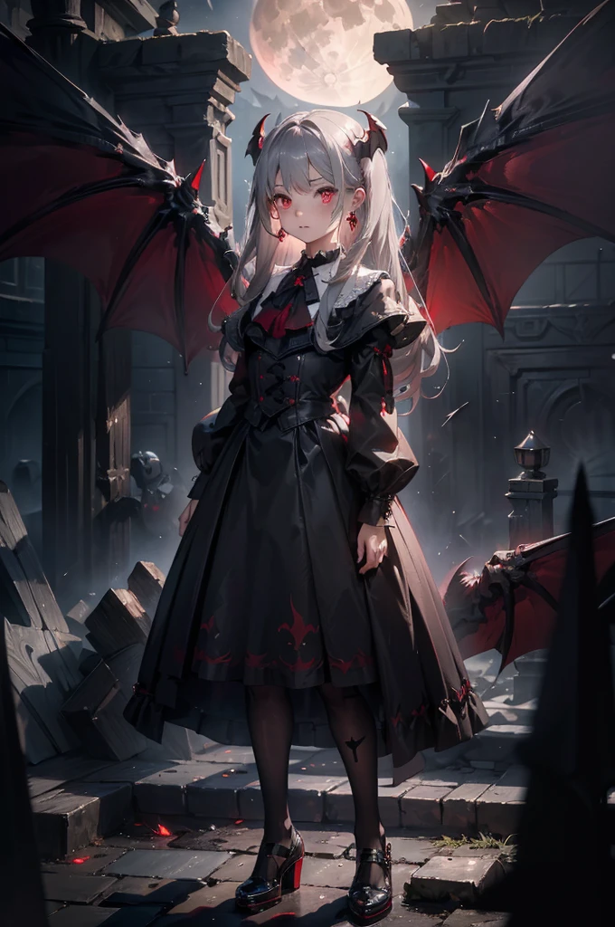 (Highest quality,Very detailed,High resolution:1.2),One Girl,Gray Hair,The most beautiful girl in human history,Owns a gigantic kiln twice his height,暗い red eyes (暗いred eyes:1.1),暗い aura(aura:1.1),(mysterious,Ghostly:1.1) atmosphere,Looks like half a demon,(Demonic traits,Devilish Features),(Elaborate,Brilliant) Cross shaped earrings,Small Ass,Gothic ta style clothing,Black Stockings,Black Girdle,Knee-length skirt,Red Shirt,Black long coat,Grim Reaper-like Appearance,Has very large bat-like wings,A big full moon shines in the dark night sky