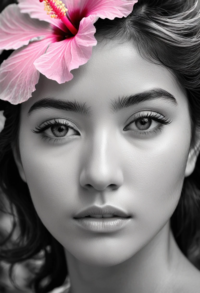 A black and white photo in raw format, zooming in on the intricate details of a young woman's face, shot with a solitary striking Pink Hibiscus, adding a touch of softness and femininity to the composition, enhancing the dramatic contrast and textures of the monochrome image.
