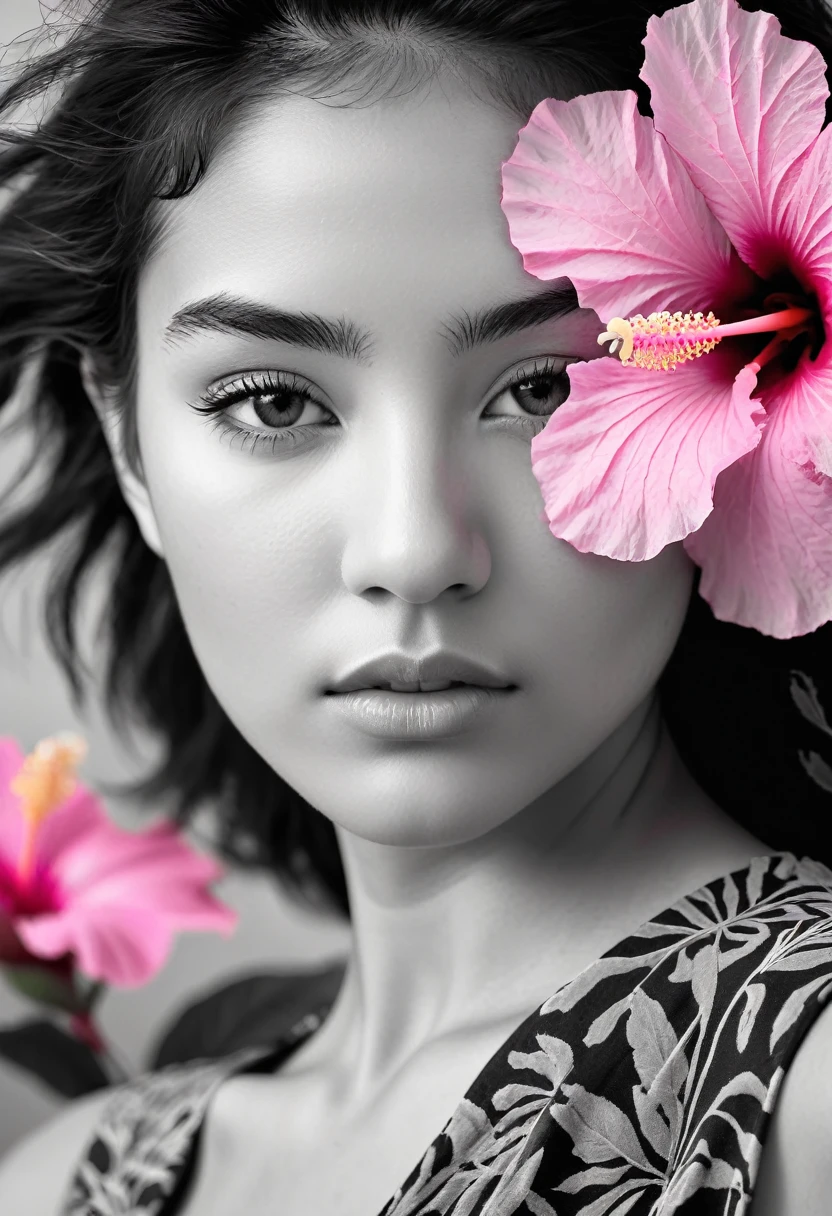 A black and white photo in raw format, zooming in on the intricate details of a young woman's face, shot with a solitary striking Pink Hibiscus, adding a touch of softness and femininity to the composition, enhancing the dramatic contrast and textures of the monochrome image.