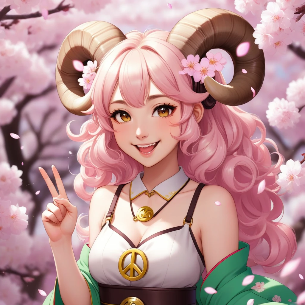 Cheerful anime Aries girl with curled ram horns, winking and flashing a peace sign, surrounded by floating sakura petals