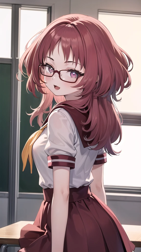 Masterpiece, perfect lighting, (beautiful, Best quality: 1.3), Perfect eyes, absurd, 8k, 1 girl, alone, (absurds), finely detailed, very large, Violet eyes, red hair, red glasses, small breasts, smiling , open mouth, in love, looking at viewer, from behind, glasses, wide, black stockings, Serapuku, sailor collar, yellow scarf, white shirt, red dress, red hair, classroom