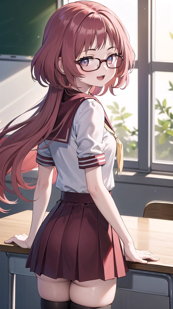 Masterpiece, perfect lighting, (beautiful, Best quality: 1.3), Perfect eyes, absurd, 8k, 1 girl, alone, (absurds), finely detailed, very large, Violet eyes, red hair, red glasses, small breasts, smiling , open mouth, in love, looking at viewer, from behind, glasses, wide, black stockings, Serapuku, sailor collar, yellow scarf, white shirt, red dress, red hair, classroom