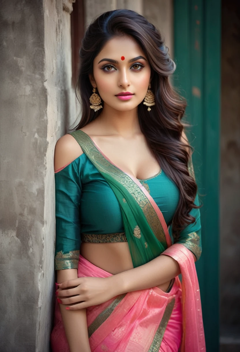 A portrait of a Extremely Beautiful woman, Age 30 year, Fashion influencer, Tradition look with long black wavy hair, leaning on a wall, tumblr, art nouveau, traditional beauty, indian, beautiful goddess, attractive pose, godess, lovely woman, gorgeous figure, dressed in pink sari and off shoulder black blouse, warpped perfectly, intricate glittering lines on the sari, average build, ultra detailed, 64k, photoreal, pefect body proportion, divine proportions, almond eyes, thigh highs, happy vibe, blushing, Alluring. on black canvas in the style of guillem h. pongiluppi, abigail larson, ominous landscapes, john sloane, color skin red orange and green, energy-filled illustrations , full body, detailed face, focus on subject. candid photography. closed mouth, desent rosy lips. medium shot, perfect hands., vibrant colors. fantastic face, Indian, beautiful look, ((pink lips, bright eyes, curve heir 1.5)), ((beautiful details very big breast )), (Straight round and ultra huge clevage, not sagging breast), A glorious gorgeous, glorious gorgeous face, pretty face, bright eyes, updo elegant hair, blurred gray tones background, ultra focus, face ilumined, face detailed, 8k resolution, ((Full Open )), full body, sexy open thin belly, thigh high shot.