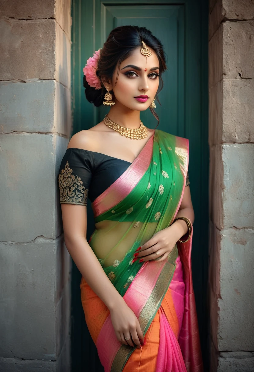 A portrait of a Extremely Beautiful woman, Age 30 year, Fashion influencer, Tradition look with long black wavy hair, leaning on a wall, tumblr, art nouveau, traditional beauty, indian, beautiful goddess, attractive pose, godess, lovely woman, gorgeous figure, dressed in pink sari and off shoulder black blouse, warpped perfectly, intricate glittering lines on the sari, average build, ultra detailed, 64k, photoreal, pefect body proportion, divine proportions, almond eyes, thigh highs, happy vibe, blushing, Alluring. on black canvas in the style of guillem h. pongiluppi, abigail larson, ominous landscapes, john sloane, color skin red orange and green, energy-filled illustrations , full body, detailed face, focus on subject. candid photography. closed mouth, desent rosy lips. medium shot, perfect hands., vibrant colors. fantastic face, Indian, beautiful look, ((pink lips, bright eyes, curve heir 1.5)), ((beautiful details very big breast )), (Straight round and ultra huge clevage, not sagging breast), A glorious gorgeous, glorious gorgeous face, pretty face, bright eyes, updo elegant hair, blurred gray tones background, ultra focus, face ilumined, face detailed, 8k resolution, ((Full Open )), full body, sexy open thin belly, thigh high shot.